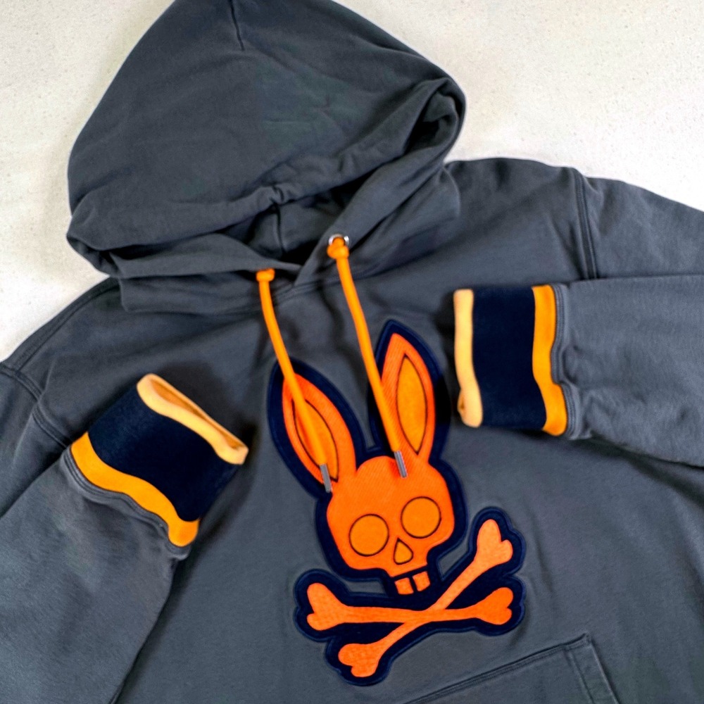Psycho Bunny Mens XL Grey Orange Chenille Logo Pullover Hoodie B6H210Q1FT
